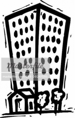 A black and white pictorial illustration of a high-rise apartment ...