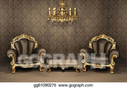 Drawing - Baroque armchairs with gold frame in old interior ...
