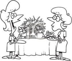Black and White Coloring Page of Two Women Eating Appetizers - Clipart