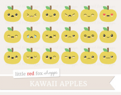 Kawaii Apple Clipart; Fruit, Cute, Happy, Face by Little Red Fox Shoppe
