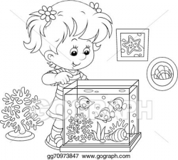 Vector Art - Girl looking at aquarium fishes. Clipart Drawing ...