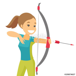 Young caucasian white archer holding bow and arrow during archery ...