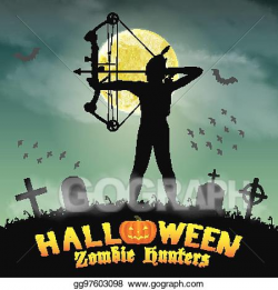 Vector Clipart - Halloween archer zombie hunter in night graveyard ...