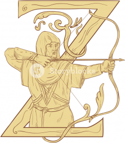 Drawing sketch style illustration of a medieval archer with bow and ...