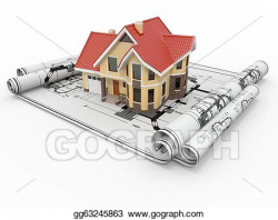 Stock Illustration - Residential house on architect blueprints ...