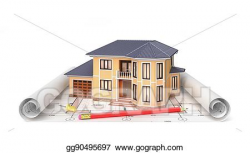 Clip Art - Residential house with tools on architect blueprints ...