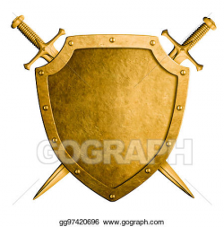 Drawing - Gold medieval coat of arms shield and two swords isolated ...