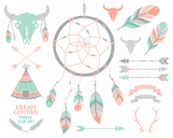 Mint green pale pink dreamcatcher, teepee, feathers, arrows, tribal ...