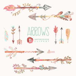 Arrows Watercolor Clipart. 11 Hand painted elements feathers