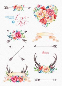 Love Kit 2. Watercolor Clipart, peonies, arrows, antlers, heart ...