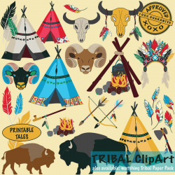 Tribal Clipart Boy | Teepee Arrow Bow Buffalo Ram Skull Feathers ...