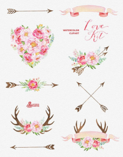 Love Kit. Watercolor flowers Clipart, peonies, arrows, antlers ...