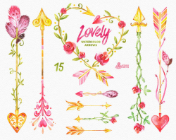 Lovely Watercolor Arrows Clipart. 15 Hand painted elements, wreath ...