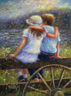 Summer Love, Original Oil Painting, country kids, hugging, art, farm ...