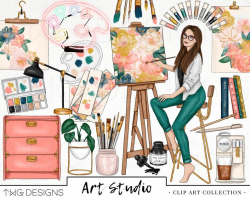 Art Studio Fashion Girl Clip Art Watercolor Clipart Artist Paint Supplies  Painter Watercolor Flowers Hand Drawn Planner Sticker Graphics