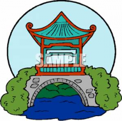 An Asian Pagoda Bridge Over a River Clip Art Image