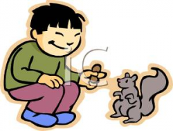 A Colorful Cartoon of an Asian Boy Feeding a Peanut To a Squirrel ...