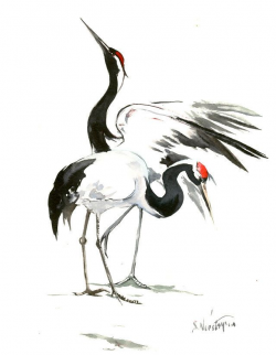Japanese Crane Original watercolor painting, 14 X 11 in, black white ...