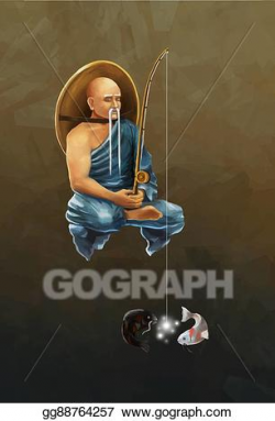 Vector Stock - Asian monk with fishing rod catches koi carps ...