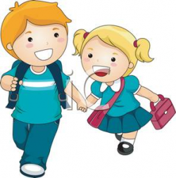 Siblings Walking Hand In Hand To School - Royalty Free Clipart Picture