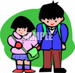 A Colorful Cartoon of Asian Siblings Heading Out To School - Royalty ...