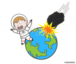 Cartoon Astronaut Running Away from Asteroid Falling on Earth Vector ...