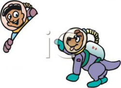 A Boy Astronaut and a His Astronaut Dog - Royalty Free Clipart Picture