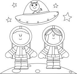 Black and White Astronauts on Moon with UFO Clip Art - Black and ...