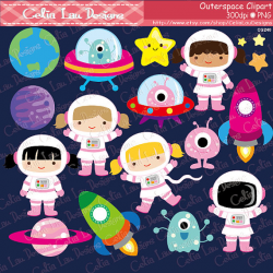 Outer Space Clipart, Girl Astronauts, Rockets, Aliens, Planets, Star ...