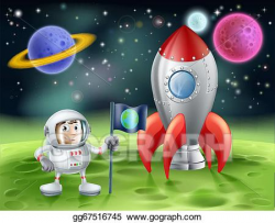 EPS Illustration - Cartoon astronaut and vintage rocket. Vector ...