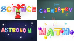 Four screen animation of science, math, chemistry, and astronomy ...