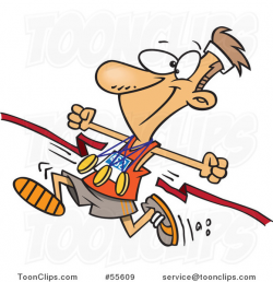 Cartoon Athletic Marathon Runner Breaking Through a Finish Line with ...