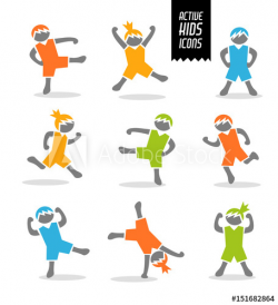 set of cute stylized athletic kids. Icons promoting healthy active ...
