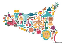 Stylized map of Sicily with traditional symbols - Buy this stock ...