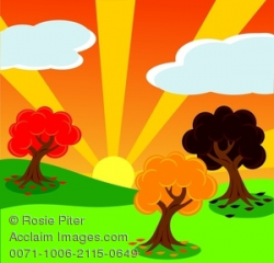 Clipart Image of An Autumn Sun Rising Over a Green Hill With Three ...