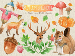 Autumn Clipart, Watercolor, Fall, Thanksgiving, Woodland Deer Fox ...