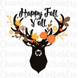 happy fall y'all, svg, deer, autumn, antlers, floral, flourishes ...
