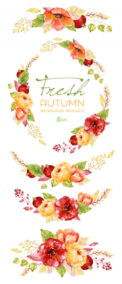 Fresh Autumn Bouquets & wreath. Handpainted watercolor clipart ...