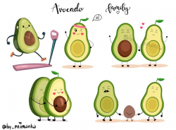 Cute Avocado family art, DIGITAL clipart. Cartoon avocado, Stickers set.  Png with transparent background.
