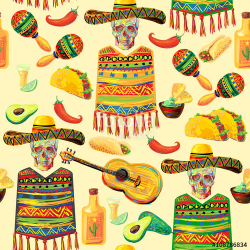 Mexican food seamless music pattern with skull, sombrero hat ...