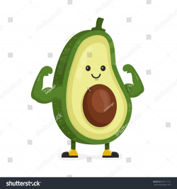 Cute happy strong smiling avocado show muscle biceps. Vector modern ...