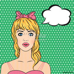 Pop art young blonde girl in pink dress and bow with speech bubble ...