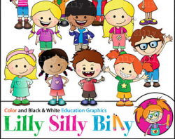 Happy Kids Clipart. BLACK and WHITE and COLOR. Education