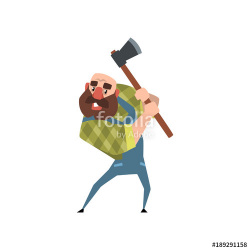 Strong bearded woodcutter working with axe. Funny bald lumberjack ...