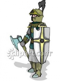 A Medieval Knight Carrying a Shield and Axe Royalty Free Clipart Picture