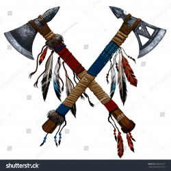 illustration two crossed tomahawks with feathers and beads. Indian ...