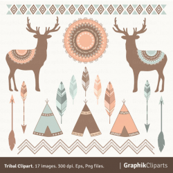 Tribal Clipart. Teepee Tents, feathers, arrows, borders, deer ...