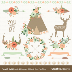 Floral Tribal Clipart. Teepee, Arrows, Flowers, Deer Horn, Floral ...