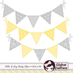 Yellow and Gray Bunting Flag Clip Art, Digital Banner Clipart ...