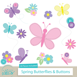 Spring Butterflies & Buttons Clipart for Digital Scrapbooking